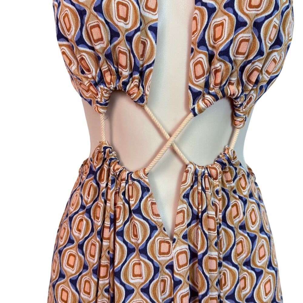 Seventeenstars Cut Out Maxi Dress Side Slit Blue Gold Cream Retro Print - Picture 5 of 16